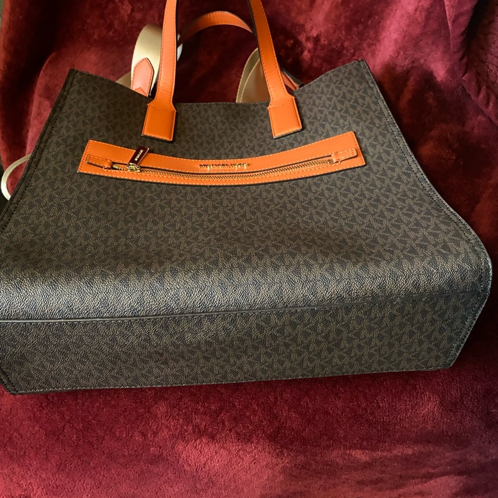 Michael Kors Black and Tan Tote with Geometric Pattern and Bright Accents